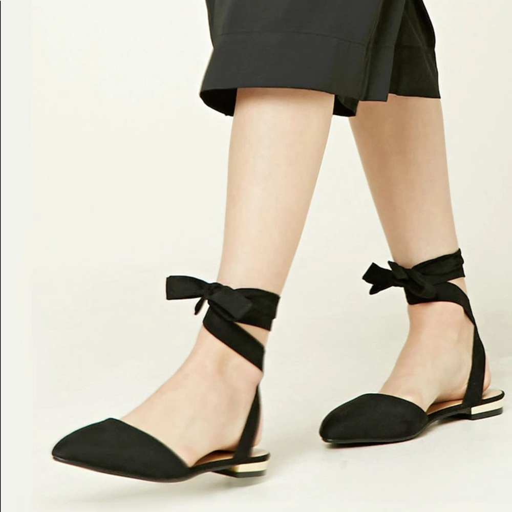 Strappy faux suede ankle-wrap flats